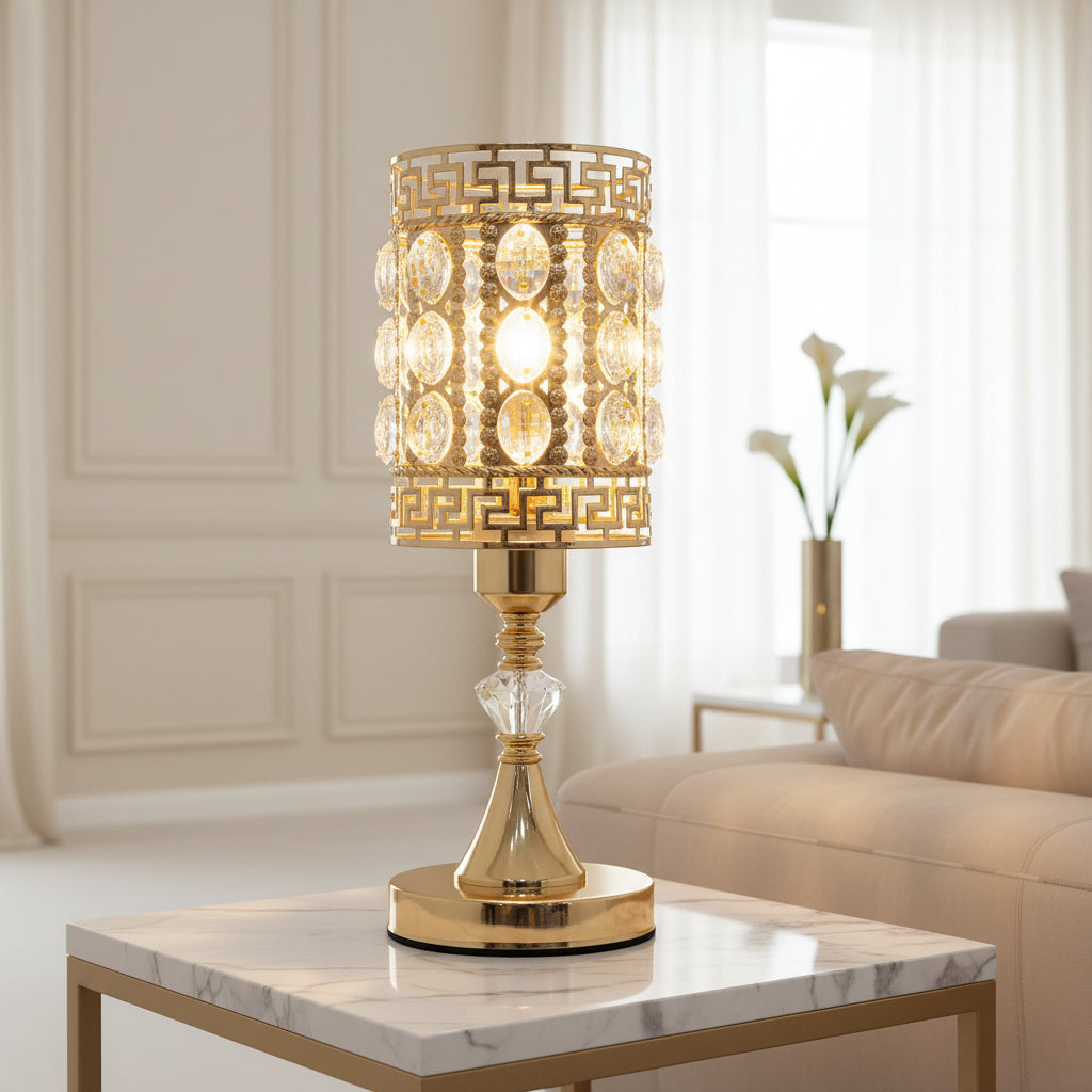 Greek Key Crystal Table Lamp | Gold Heritage LED Bedside Lamp
