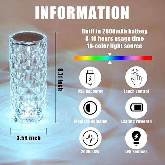 16-Color RGB Rechargeable LED Crystal Diamond Lamp
