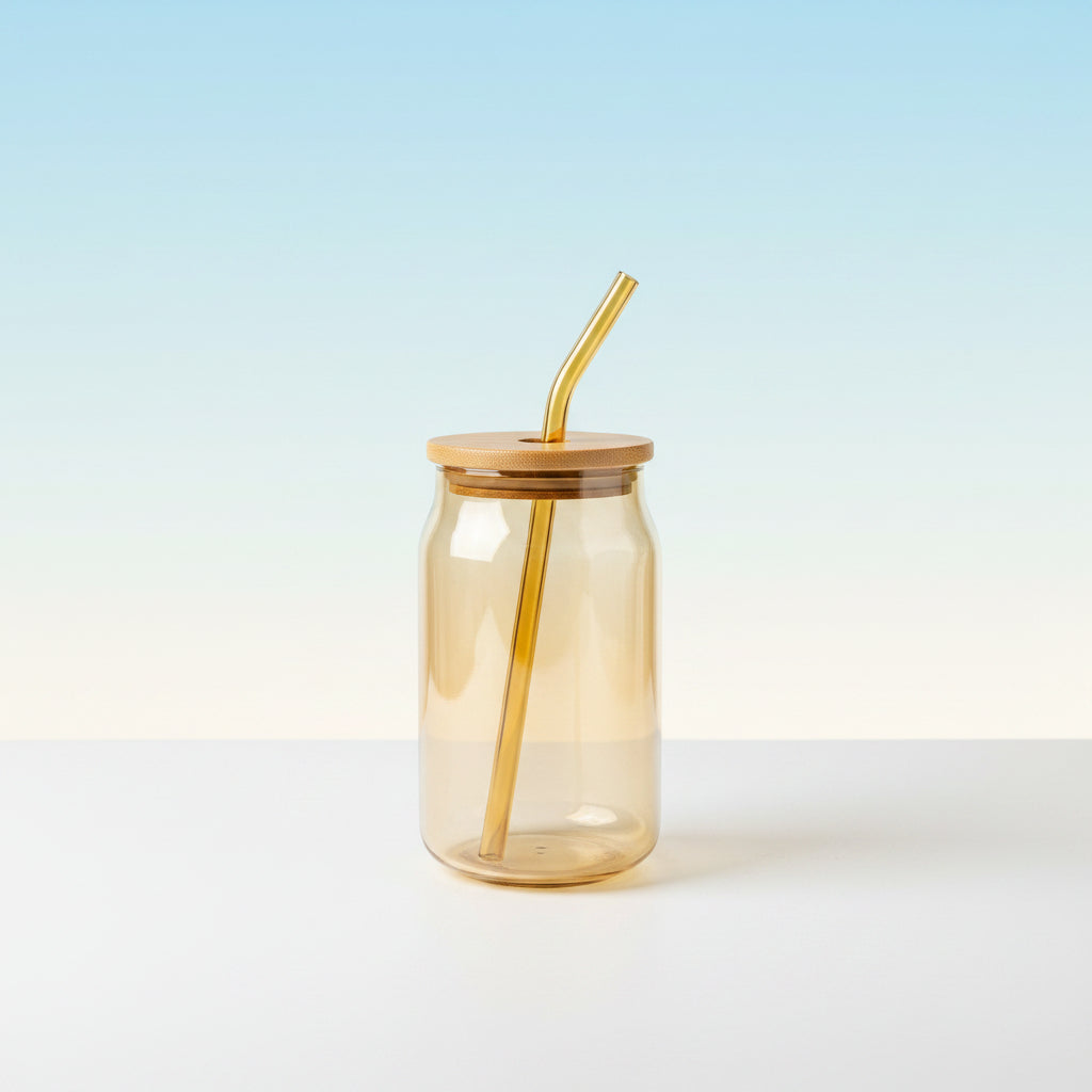 Glass Coffee Mug with Wooden Lid & Straw | Aesthetic Cup
