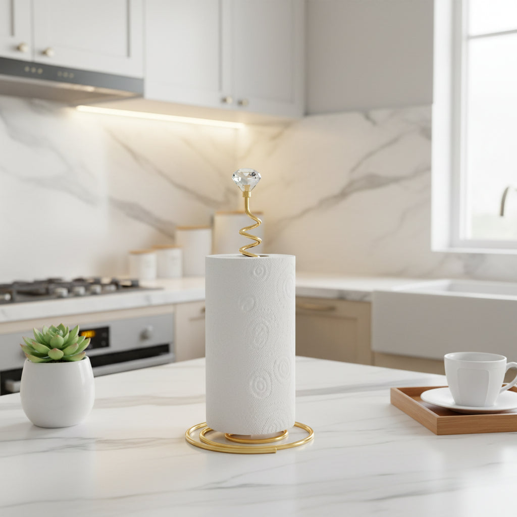 Gold Spiral Paper Towel Holder | Crystal-Top Kitchen Tissue Stand