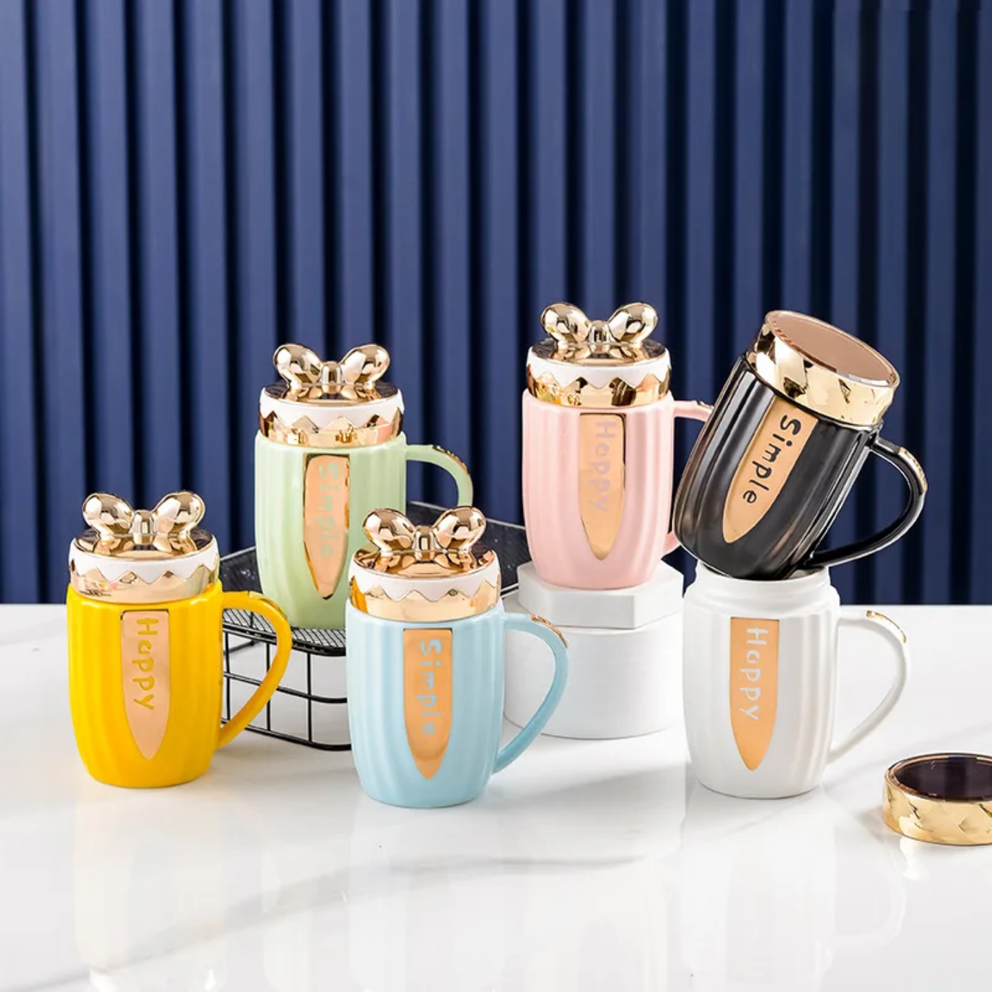 Ceramic Mug with Gold Bow Lid | 'Happy & Simple' Gift Set, 5 Pastels