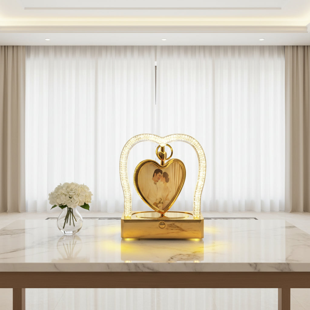 Rotating Heart Photo Frame LED Table Lamp | USB-C White & Gold Accent Light