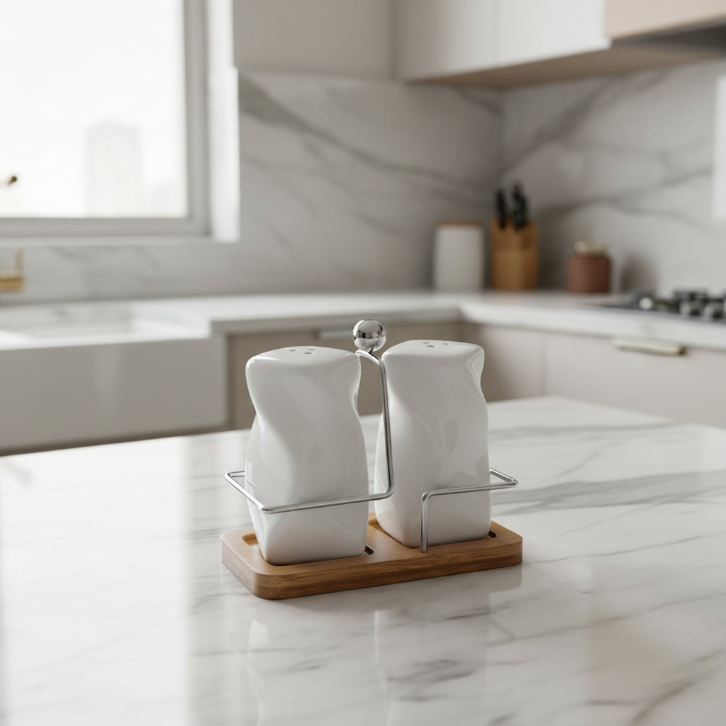 Ceramic Salt & Pepper Set | White Shakers on Wooden Base