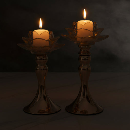 2-Piece Crystal Lotus Flower Candle Holder Set | Luxury Metal Base Candelabra