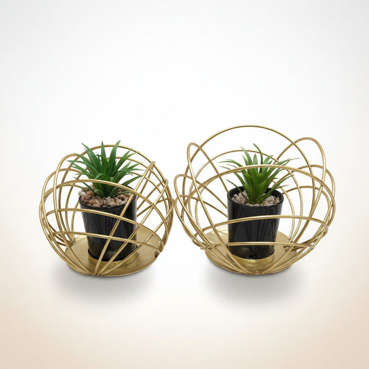2-Piece Gold Orb Geometric Planter Set | Modern Faux Succulent Table Decor