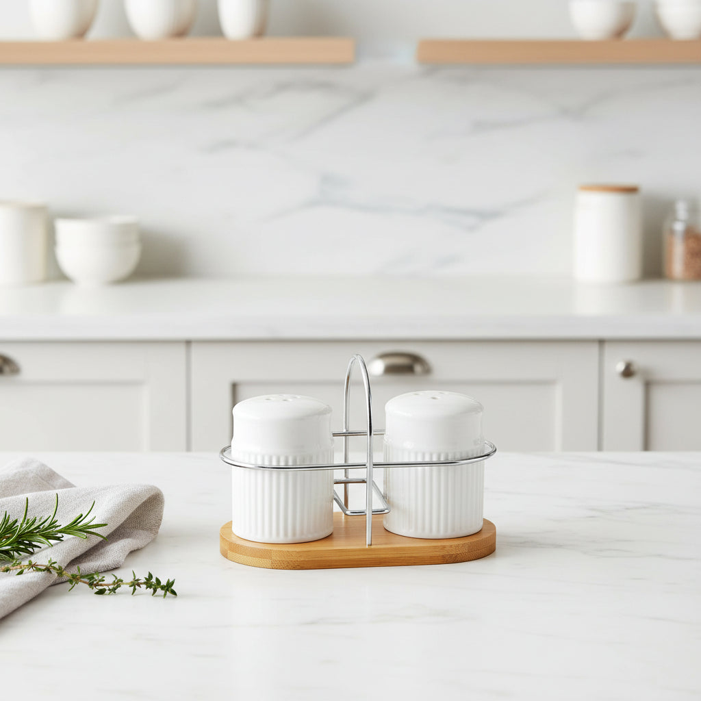 3-Piece Ribbed Salt & Pepper Set | Eco Bamboo Base, Modern Dining
