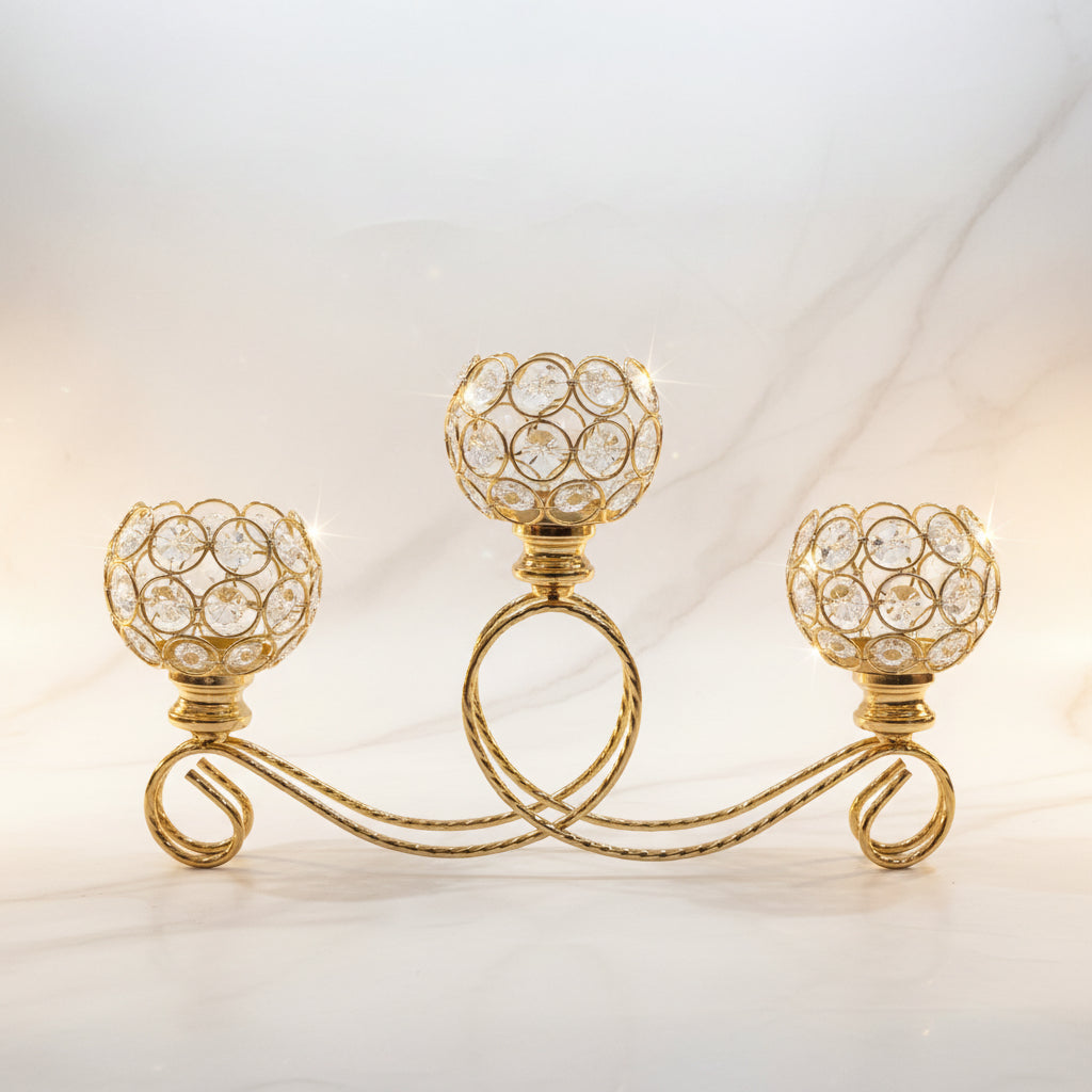 3-Cup Vintage Metal & Glass Candelabra | Elegant Tabletop Candle Holder Stand