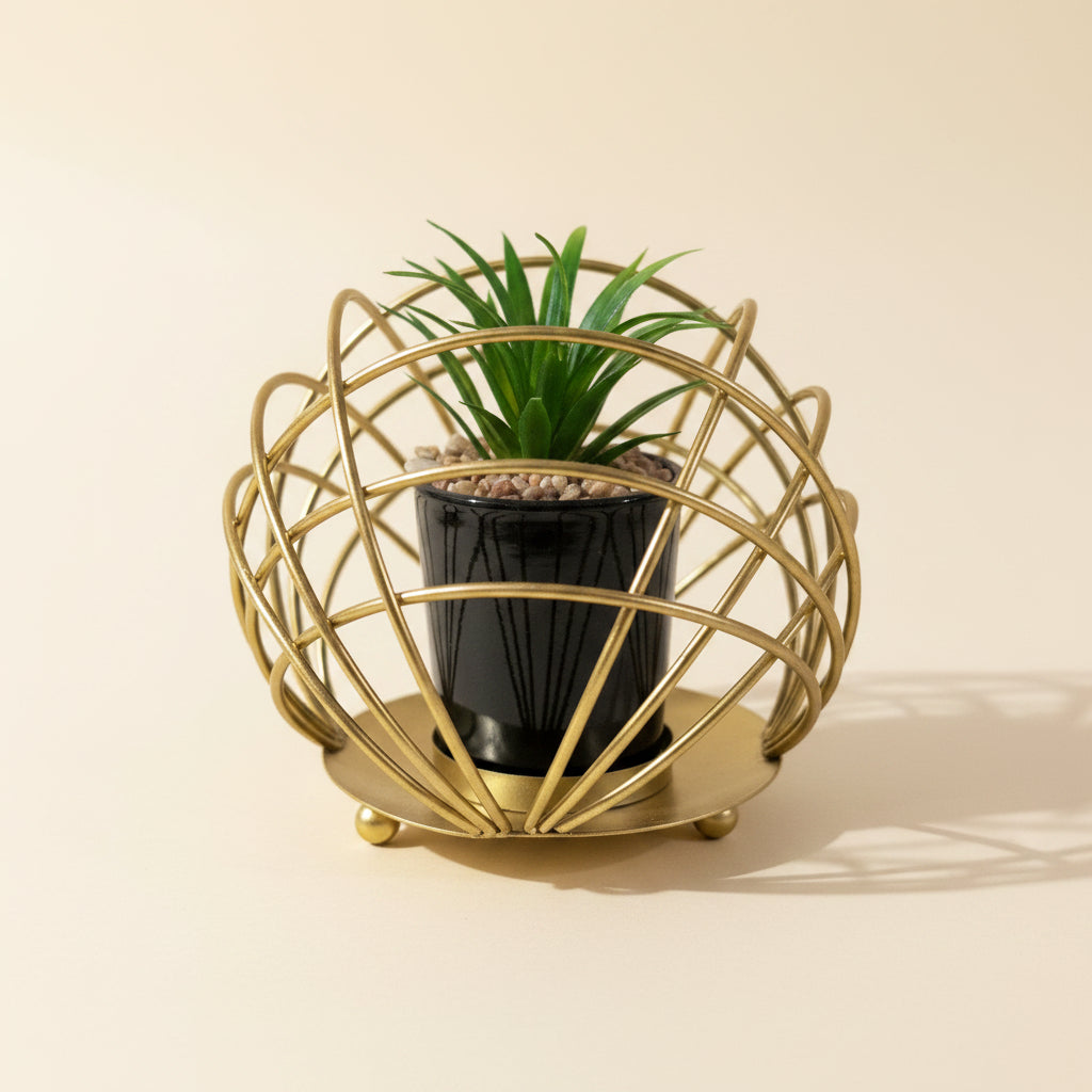 2-Piece Gold Orb Geometric Planter Set | Modern Faux Succulent Table Decor