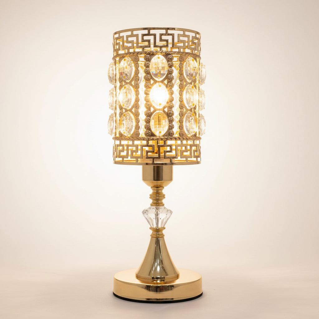 Greek Key Crystal Table Lamp | Gold Heritage LED Bedside Lamp