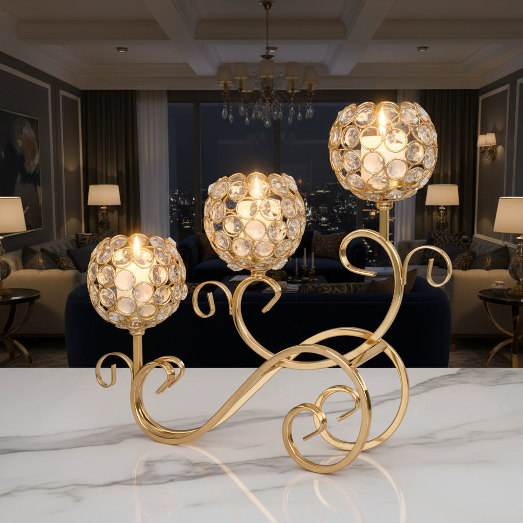 Gold Diamond Crystal Candle Holder | Shaadi Centerpiece, Tall Pedestal