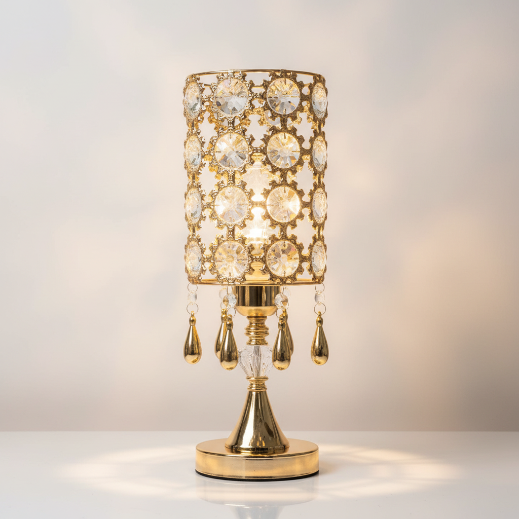 Royal Jewel Crystal Table Lamp | 220V Gold LED, Luxury Bedside