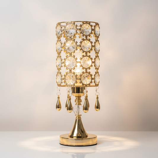 Royal Jewel Crystal Table Lamp | 220V Gold LED, Luxury Bedside