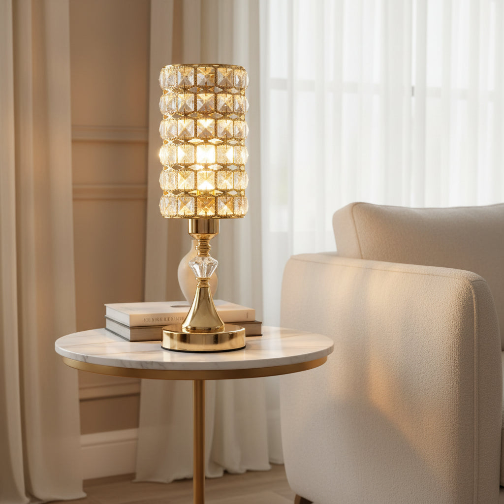Crystal Mosaic LED Lamp | Gold Bedside Lamp, Sparkling Cubes