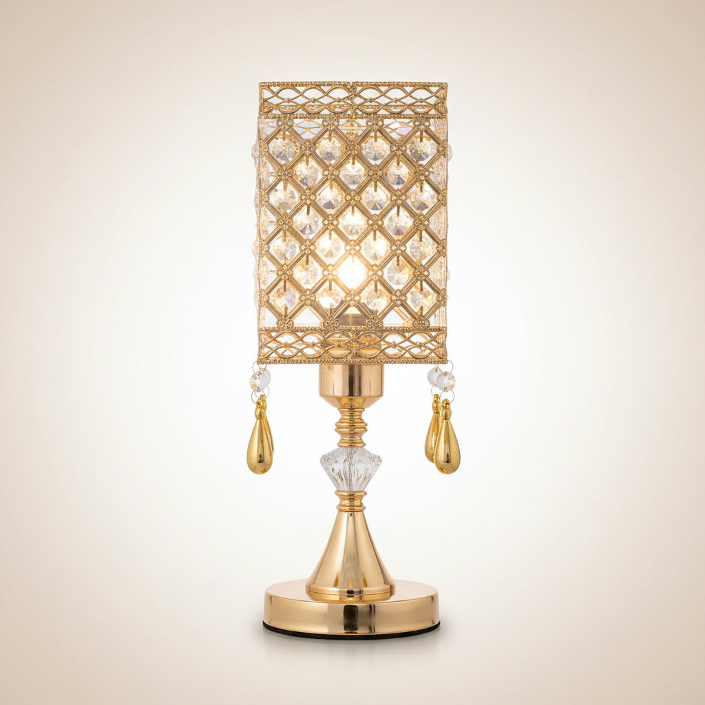 Square Crystal Pendant Lamp | Gold LED Bedside, Hanging Teardrops