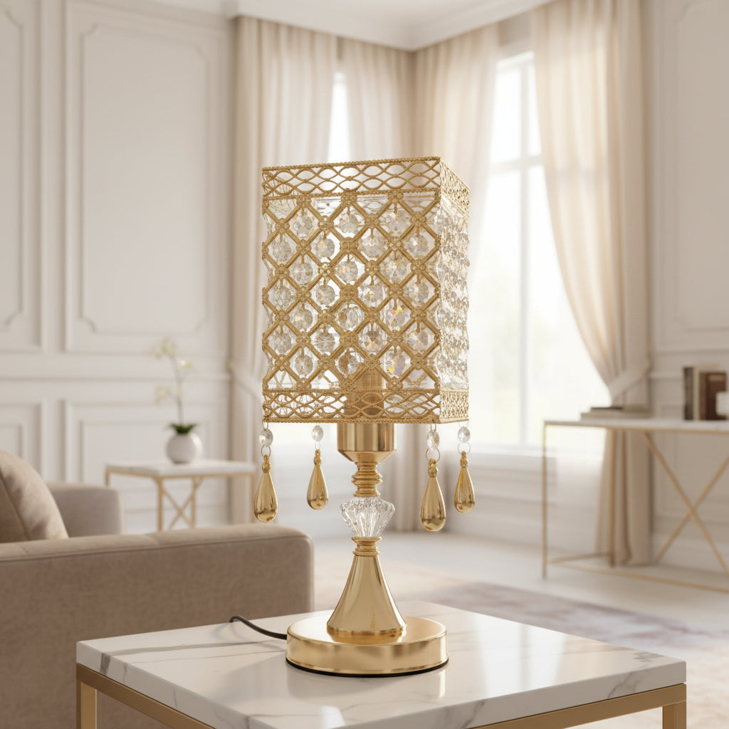 Square Crystal Pendant Lamp | Gold LED Bedside, Hanging Teardrops
