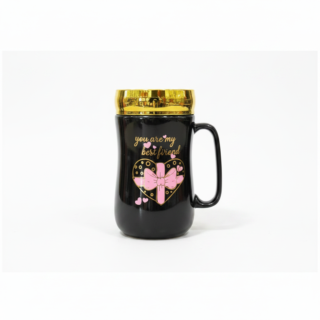 Ceramic Coffee Mug with Gold Lid | Friendship & Love Gift, 3 Designs