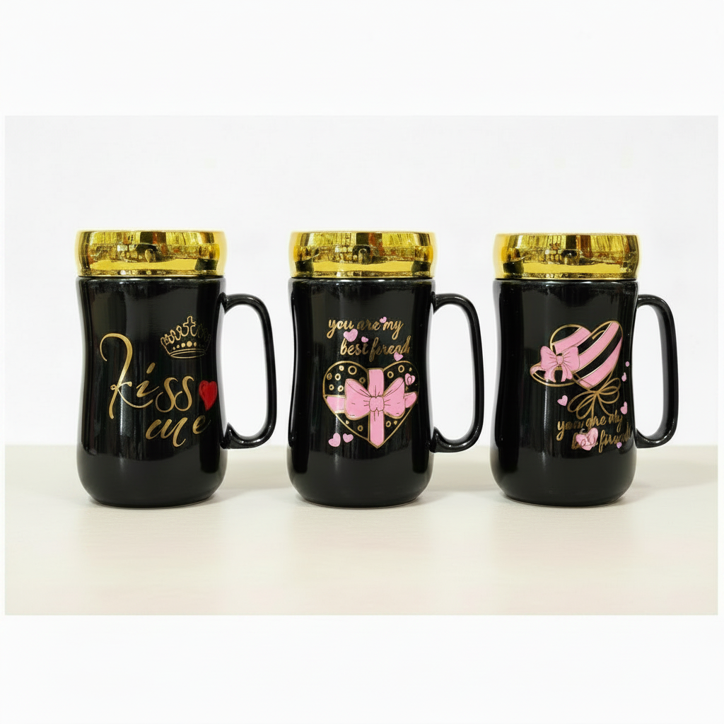 Ceramic Coffee Mug with Gold Lid | Friendship & Love Gift, 3 Designs