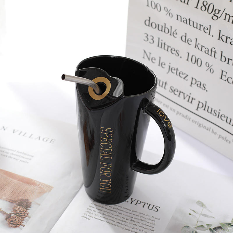 Tall Ceramic Sipper Mug with Steel Straw | Office Coffee Cup, 4 Colors