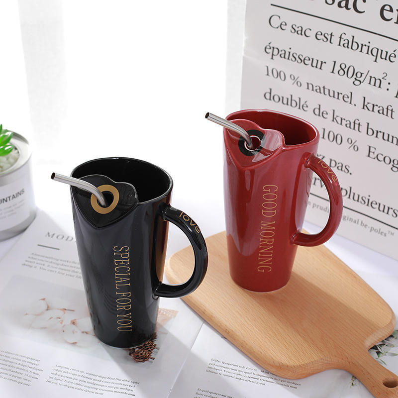Tall Ceramic Sipper Mug with Steel Straw | Office Coffee Cup, 4 Colors