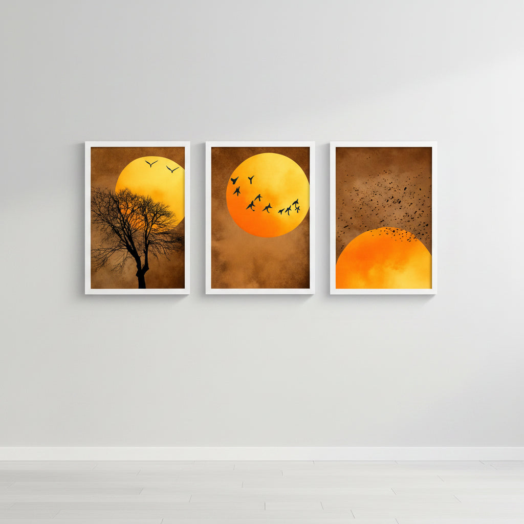 Sunset Tree & Birds Wall Frames | Set of 3 Living Room Panorama Art