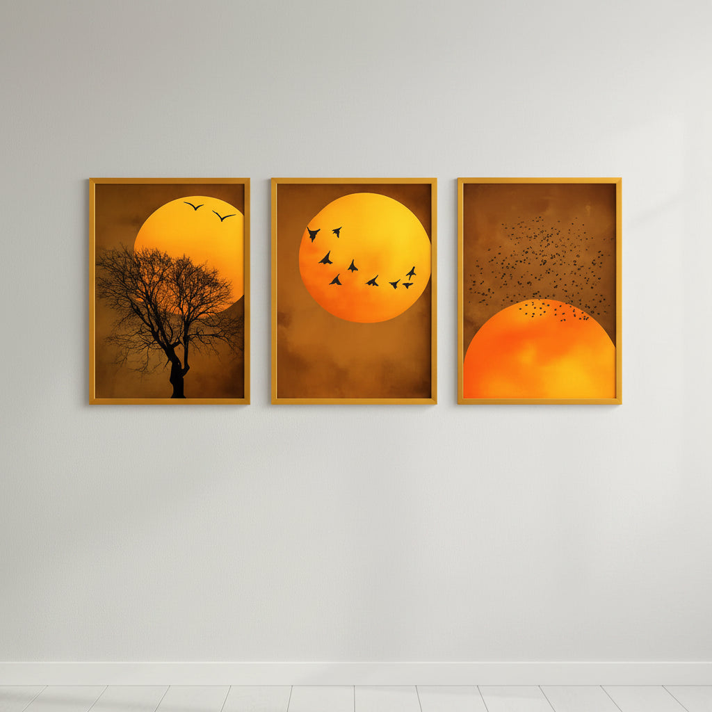 Sunset Tree & Birds Wall Frames | Set of 3 Living Room Panorama Art