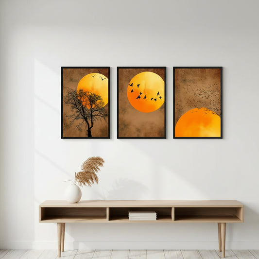 Sunset Tree & Birds Wall Frames | Set of 3 Living Room Panorama Art