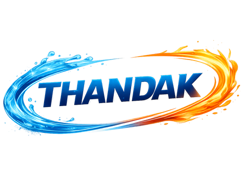 THANDAK logo with blue and orange swirling designs on a white background