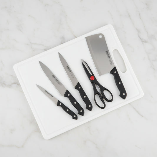 6-Piece Knife Set with Cutting Board | Chef Knives + Peeler