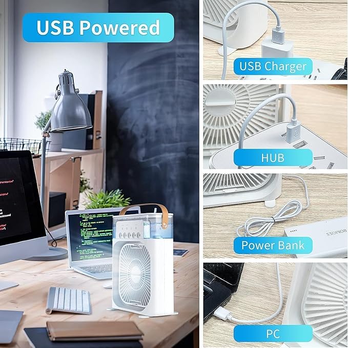 4-in-1 Portable Mist Air Cooler | USB Mini Air Cooler with 5 Mist Modes, Humidifier & LED Night Light