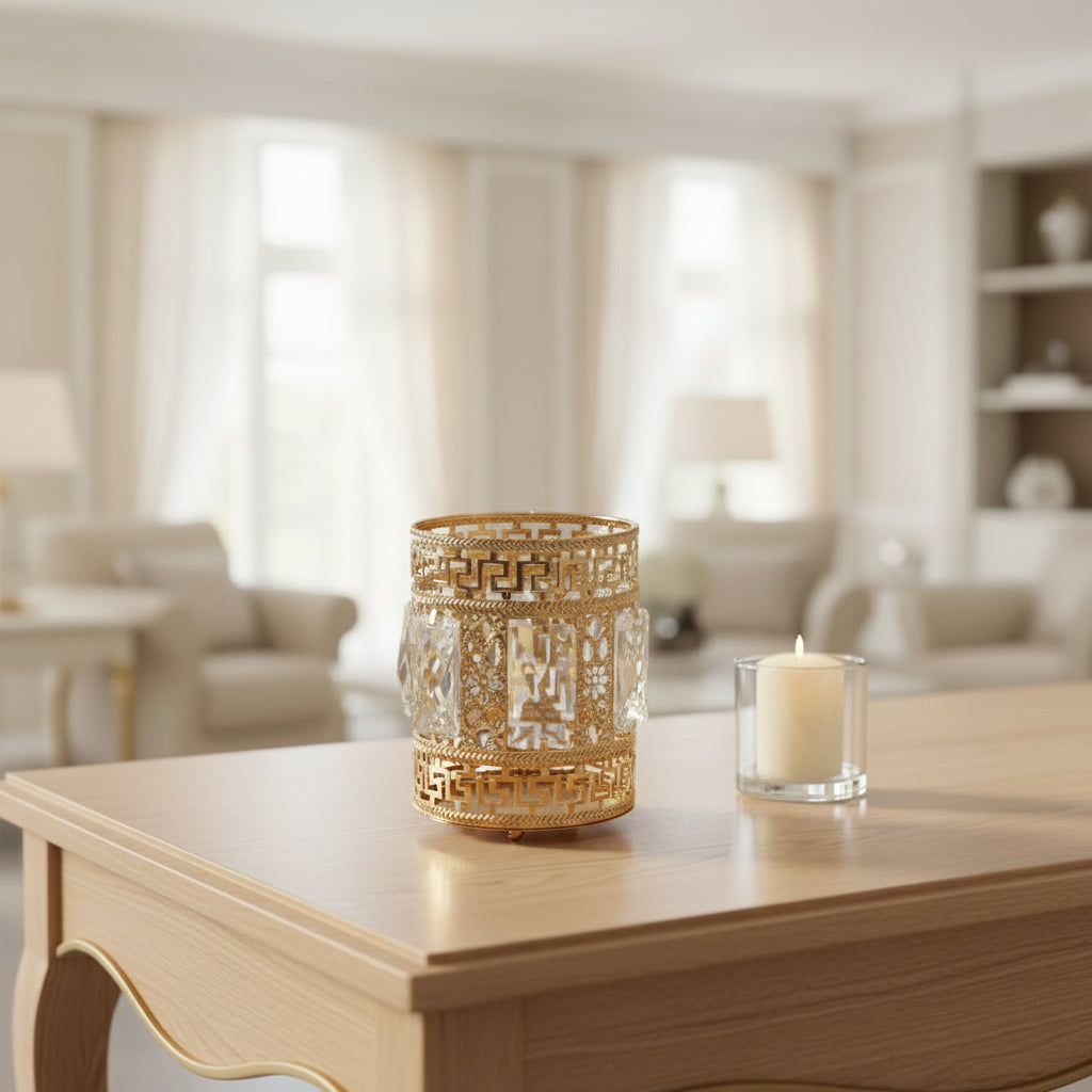 Gold Greek Key Candle Holder | Crystal Votive for Shaadi Centerpiece