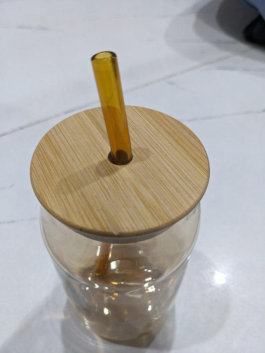 Glass Coffee Mug with Wooden Lid & Straw | Aesthetic Cup