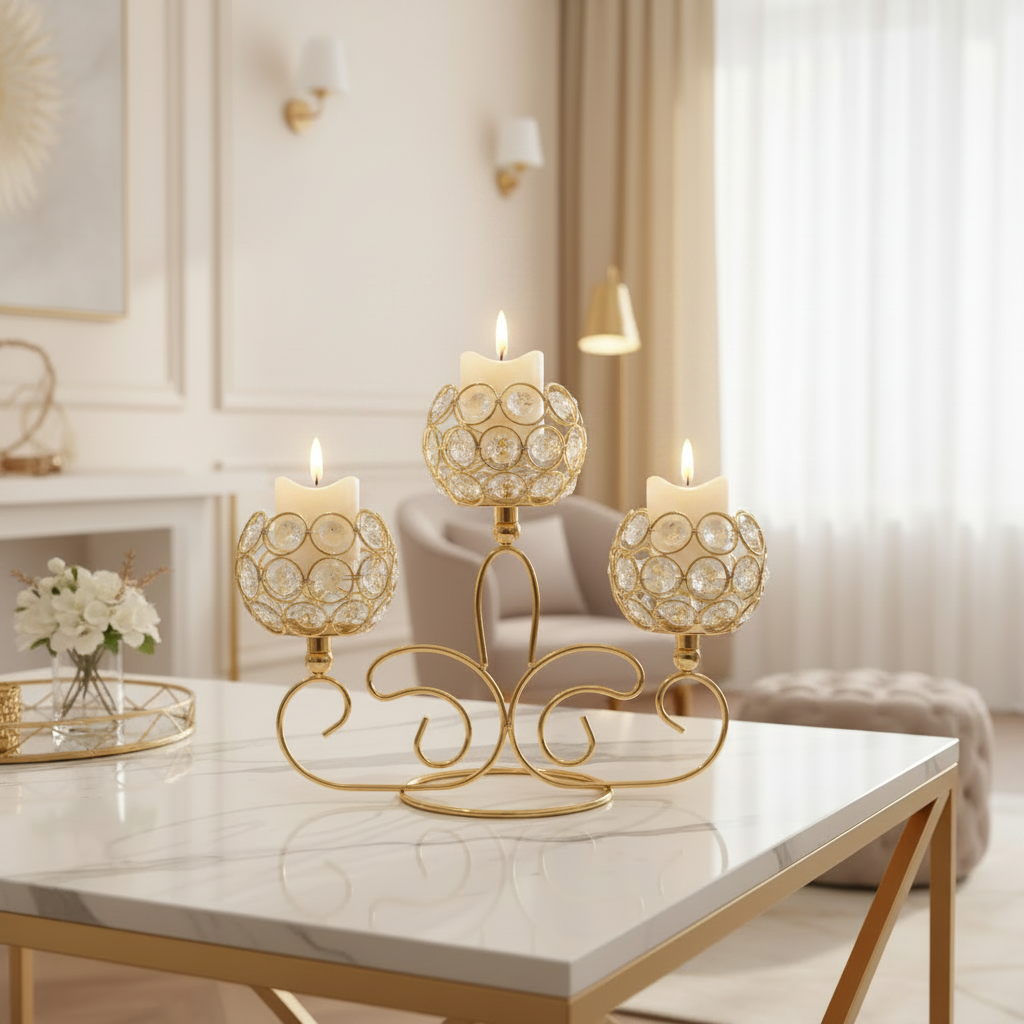 Luxury Crystal Bowl Gold Candle Holder Stand | Elegant Tabletop Candelabra Accent