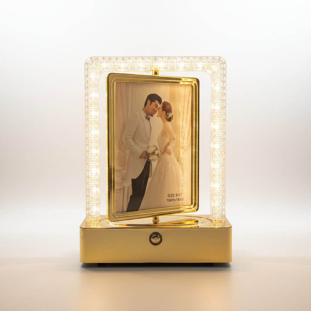 Rotating Photo Frame LED Table Lamp | Modern USB-C White & Gold Accent Light