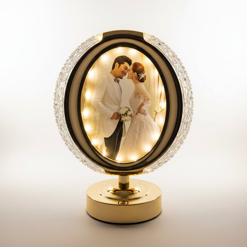 Oval LED Table Lamp with Integrated Photo Frame | Gold & White Desktop Accent Light