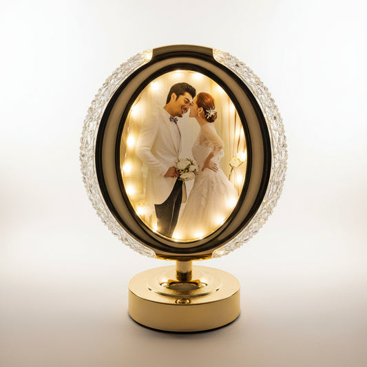 Oval LED Table Lamp with Integrated Photo Frame | Gold & White Desktop Accent Light