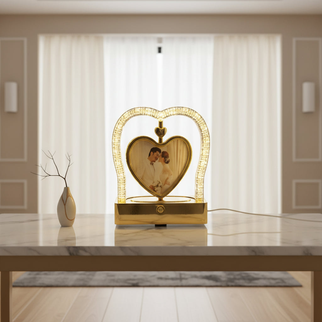 Rotating Heart Photo Frame LED Table Lamp | USB-C White & Gold Accent Light