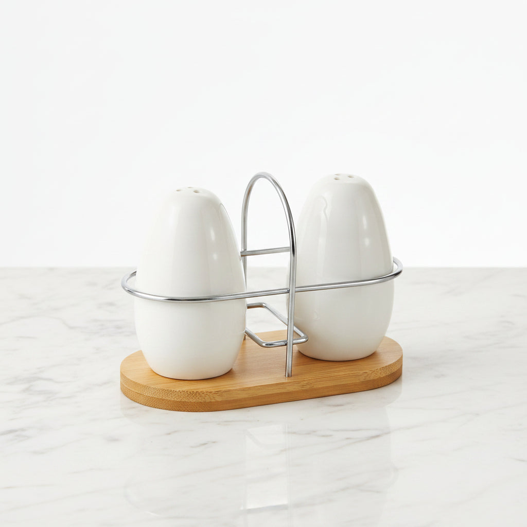 3-Piece Salt & Pepper Set with Bamboo Base | Farmhouse Dining Decor