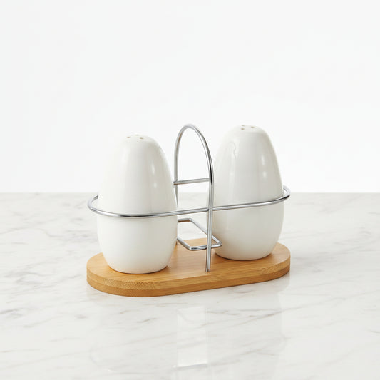 3-Piece Salt & Pepper Set with Bamboo Base | Farmhouse Dining Decor