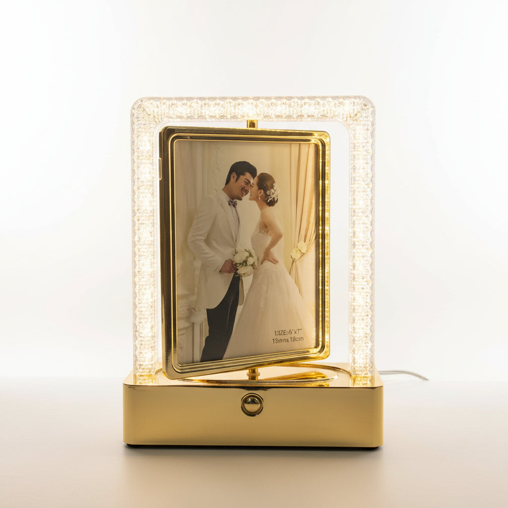Rotating Photo Frame LED Table Lamp | Modern USB-C White & Gold Accent Light