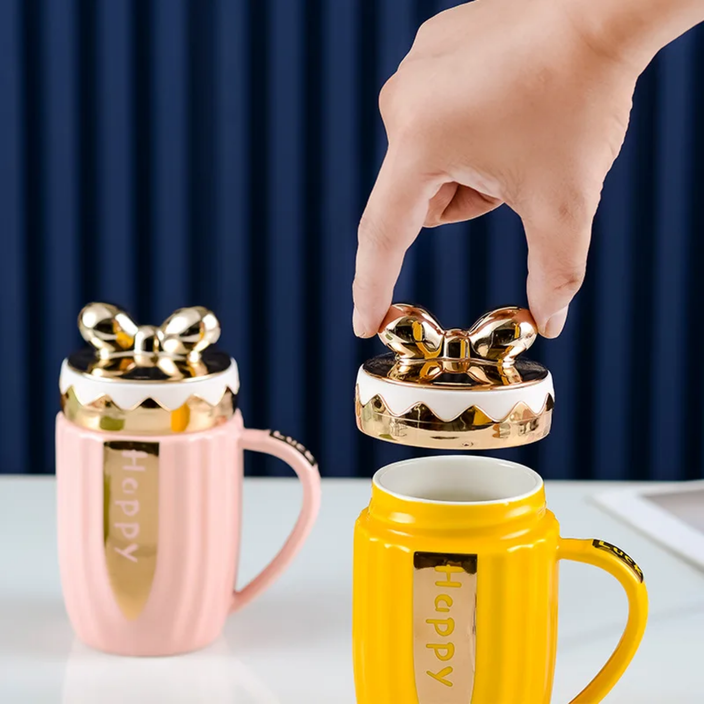 Ceramic Mug with Gold Bow Lid | 'Happy & Simple' Gift Set, 5 Pastels