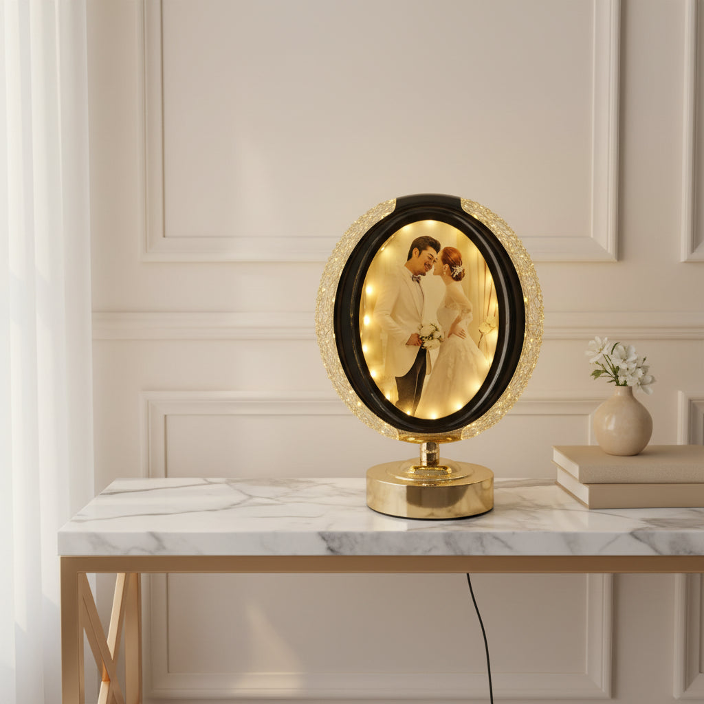 Oval LED Table Lamp with Integrated Photo Frame | Gold & White Desktop Accent Light