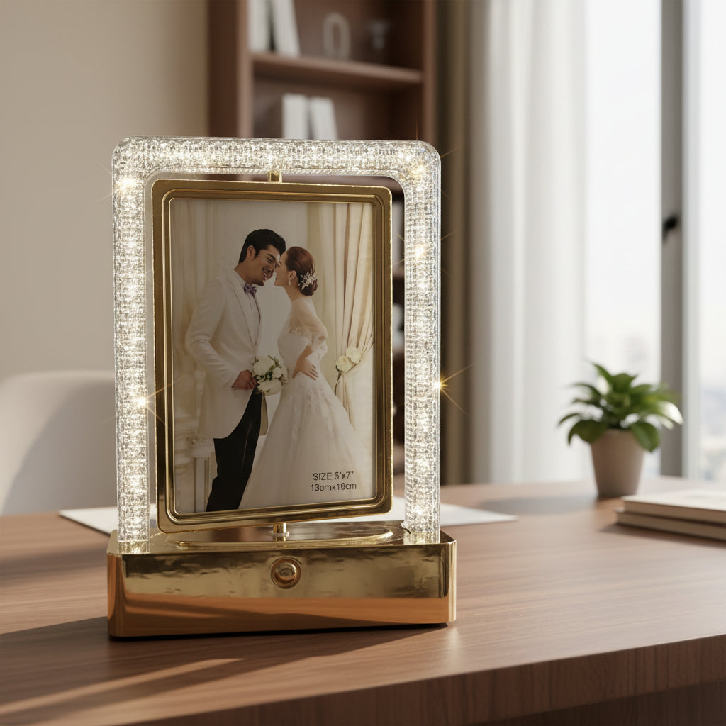 Rotating Photo Frame LED Table Lamp | Modern USB-C White & Gold Accent Light