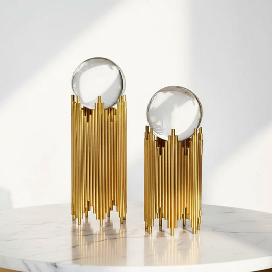 Crystal Ball Decor on Gold Pedestal | Art Deco Luxury Showpiece