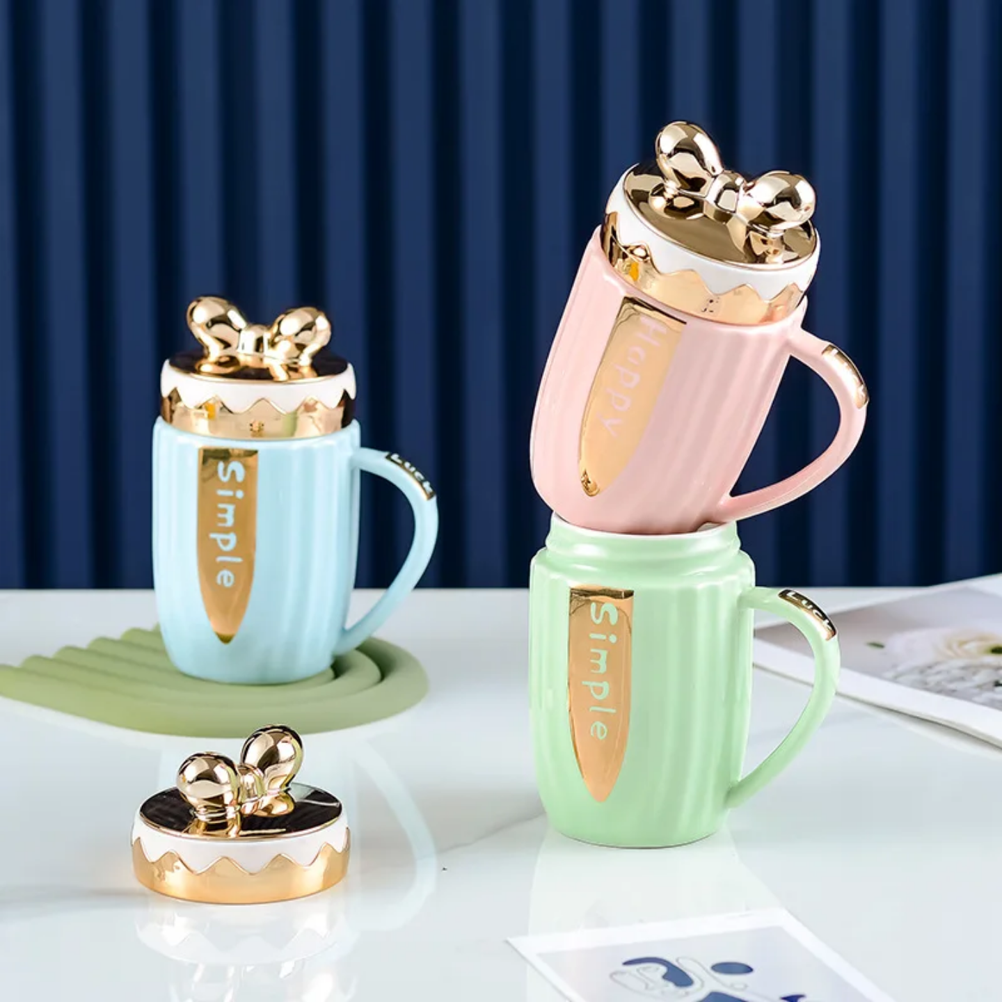 Ceramic Mug with Gold Bow Lid | 'Happy & Simple' Gift Set, 5 Pastels