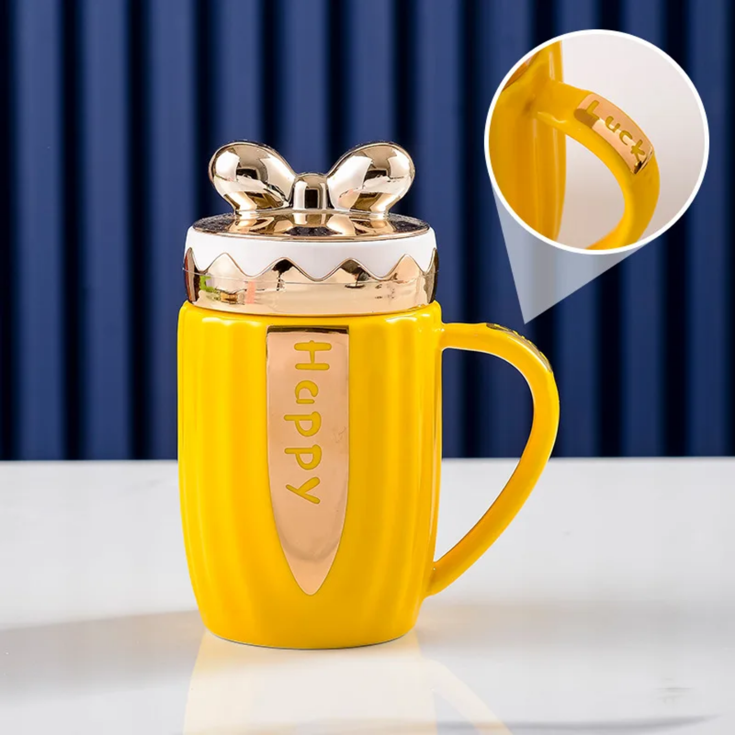 Ceramic Mug with Gold Bow Lid | 'Happy & Simple' Gift Set, 5 Pastels