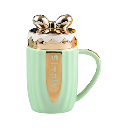 Ceramic Mug with Gold Bow Lid | 'Happy & Simple' Gift Set, 5 Pastels