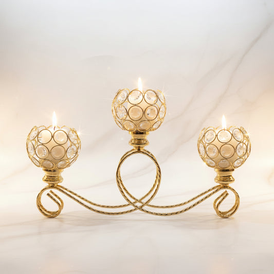 3-Cup Vintage Metal & Glass Candelabra | Elegant Tabletop Candle Holder Stand