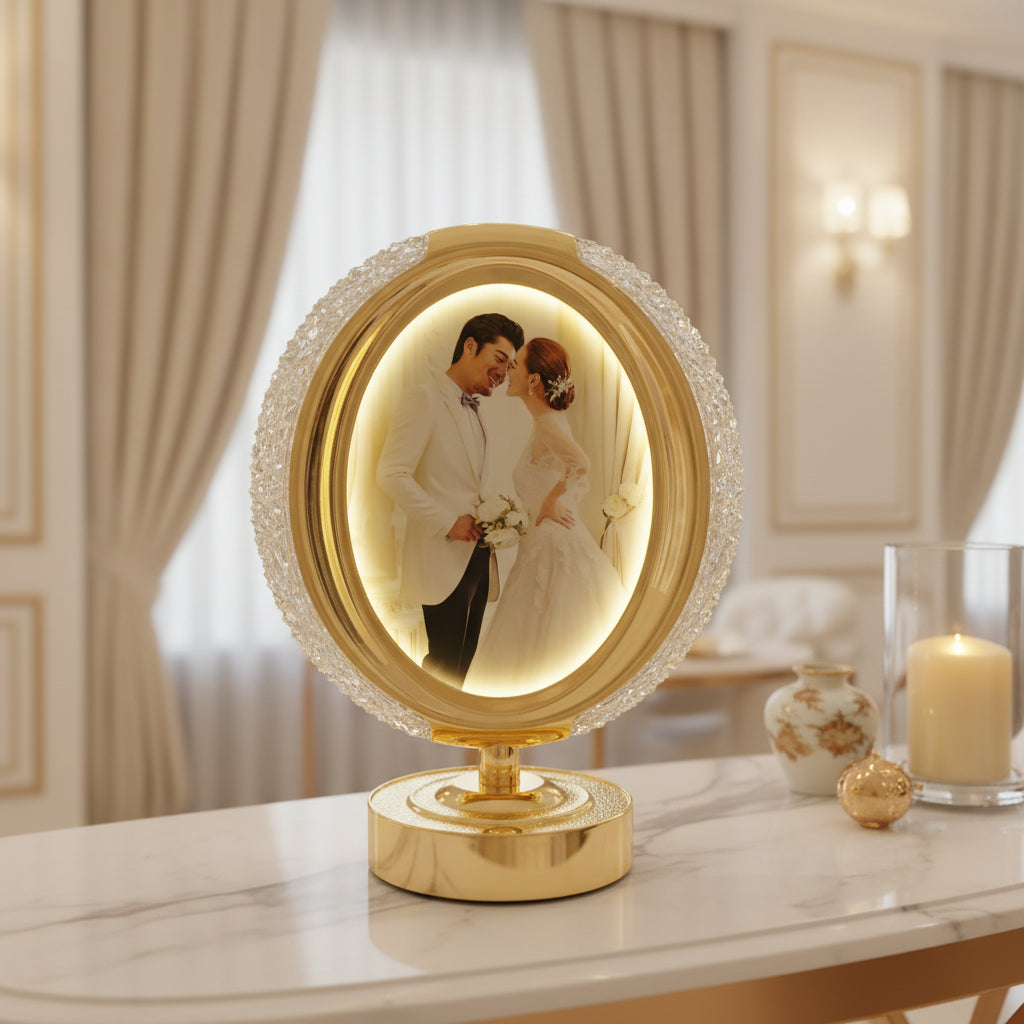 Oval LED Table Lamp with Integrated Photo Frame | Gold & White Desktop Accent Light