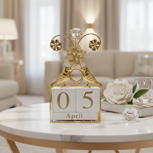 Gold Bird Perpetual Calendar | Office Desk Decor, Reusable Date Blocks