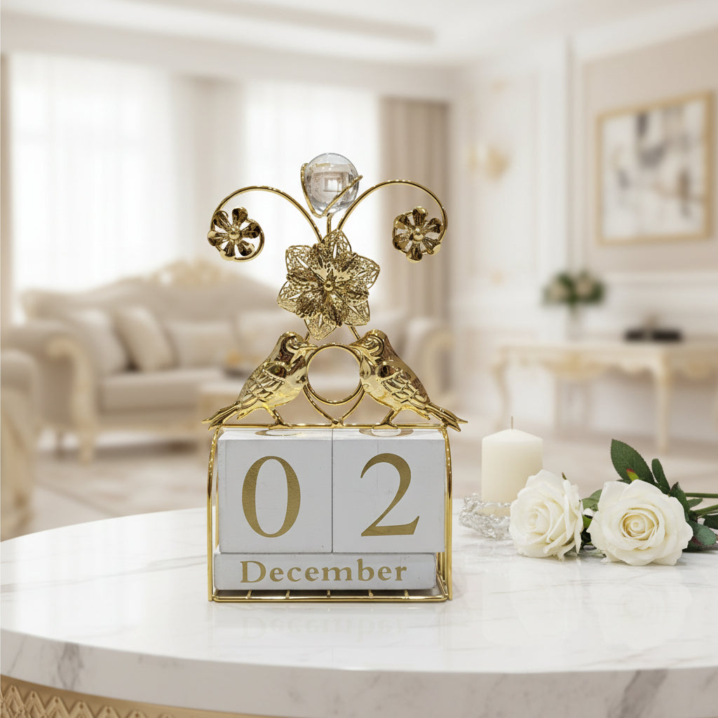 Gold Bird Perpetual Calendar | Office Desk Decor, Reusable Date Blocks
